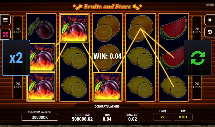 Combinación ganadora en Fruits and Stars demo: WIN 0.04 con ciruelas