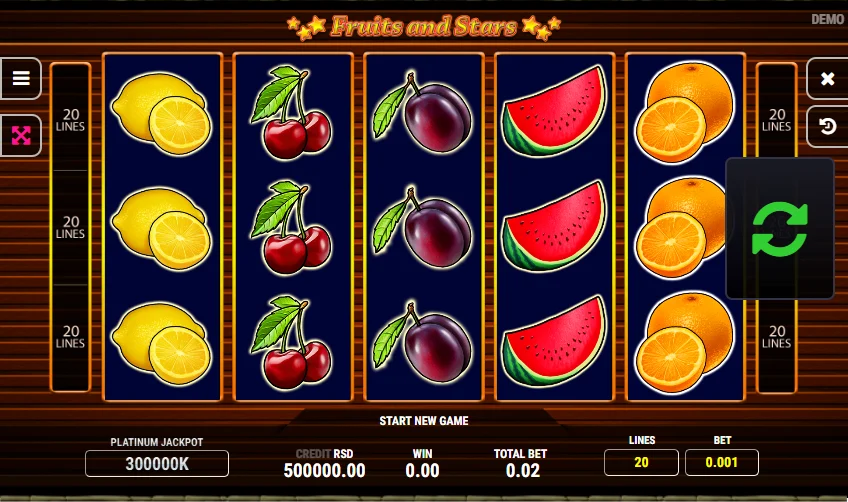 Fruits and Stars demo: pantalla inicial con 20 líneas y apuesta de 0.001